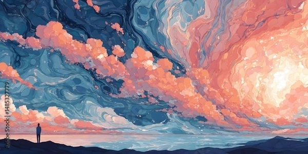 Obraz Solitude Under a Sky of Dreams: A solitary figure stands on a cliff overlooking a surreal, abstract seascape, enveloped in a vibrant sunset sky of swirling, dreamlike clouds.