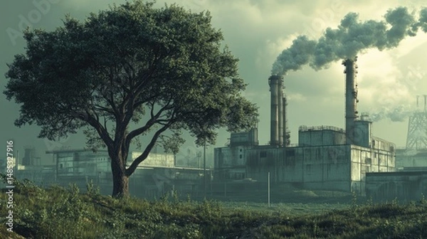 Fototapeta A vibrant green tree stands alone on a lush grassy field, juxtaposed against a large industrial factory emitting thick smoke into the sky.