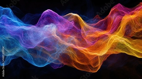 Fototapeta A vibrant abstract composition featuring swirling wisps of smoke in hues of blue and red, set against a deep black background.