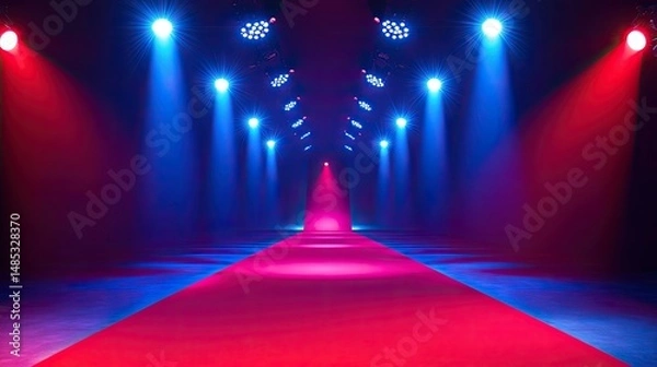 Fototapeta A brightly lit runway with a red carpet leading toward a bright light source at the end.