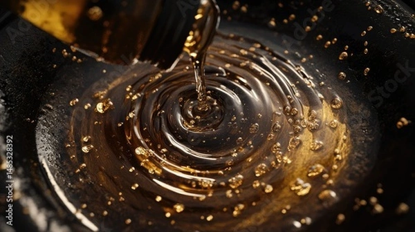 Fototapeta A mesmerizing 3D render of a bottle of oil being poured into a glass on a dark background,