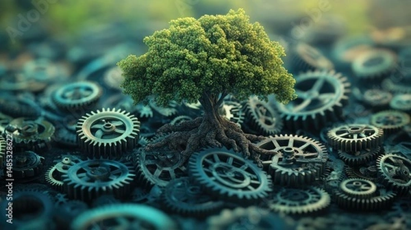 Fototapeta A small, lush green tree grows from a pair of interlocking wooden gears,