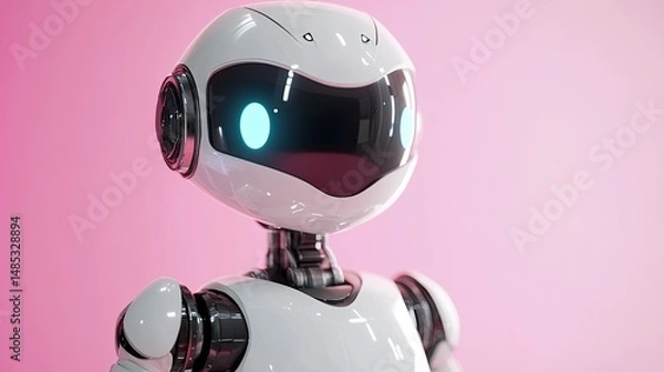 Fototapeta A friendly, cartoonish robot stands in a soft pastel-lit environment,