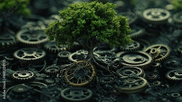 Fototapeta A small, lush green tree grows from a pair of interlocking wooden gears,