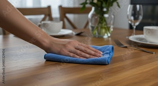 Fototapeta Person wiping a table with a cloth