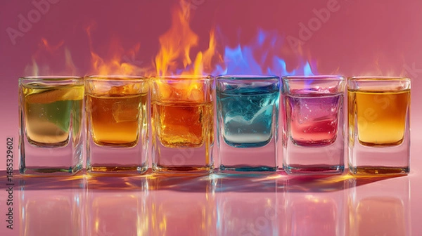 Fototapeta Row Of Flaming Colorful Shots On Reflective Surface