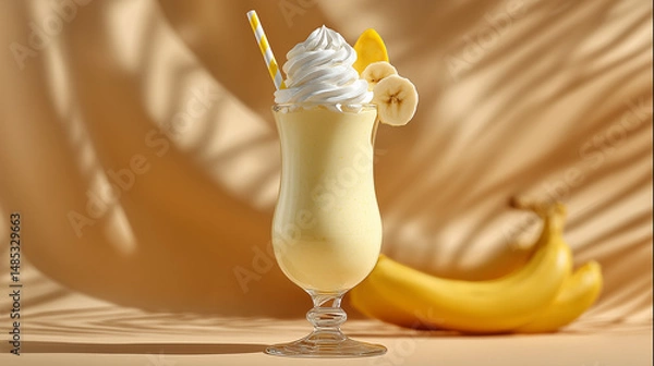 Fototapeta Banana Milkshake With Whipped Cream And Banana On Warm Shadowed Background