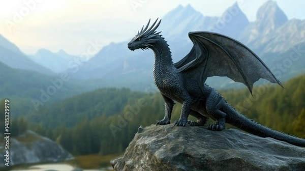 Fototapeta A fierce, winged dragon with sharp claws and spiky scales stands atop a rocky outcrop,