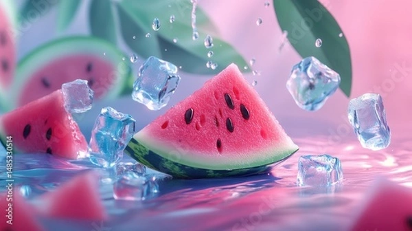 Fototapeta A vibrant slice of watermelon surrounded by splashes of water and ice cubes,