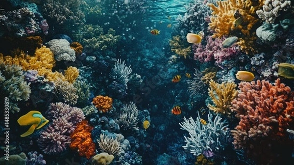 Fototapeta A vibrant underwater scene showcasing a coral reef teeming with life.