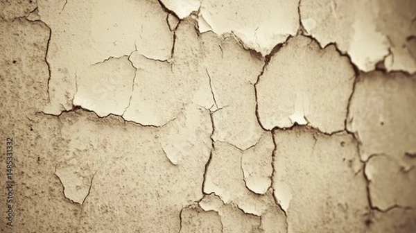 Fototapeta Close-up of cracked, peeling beige paint on a wall surface showing texture and age.