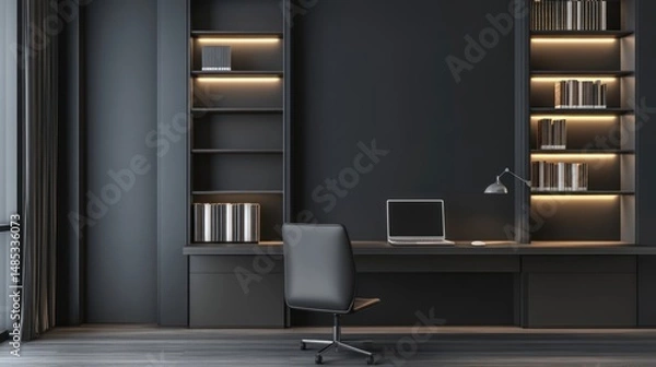 Fototapeta Modern Dark Office Interior Design with Built-in Bookshelves and Desk