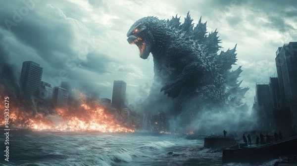Obraz Giant monster Godzilla confronts city in dramatic destruction