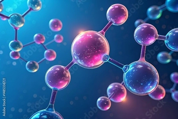 Obraz Hyperrealistic 3D Molecular Structure with Glowing Iridescent Atoms on Deep Blue Background