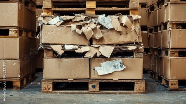 Fototapeta Stacked cardboard boxes and shredded paper on wooden pallets in a warehouse.