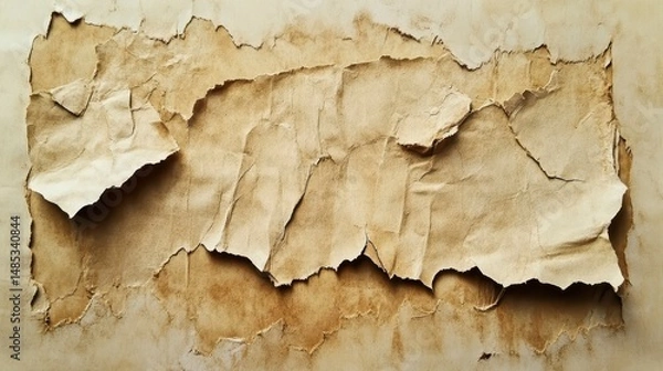 Fototapeta Torn, aged, brown paper texture with irregular edges and creases.