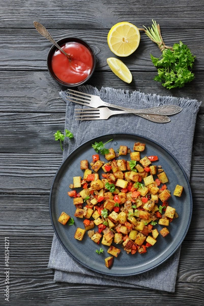 Obraz golden fried potatoes cubes with red bell pepper