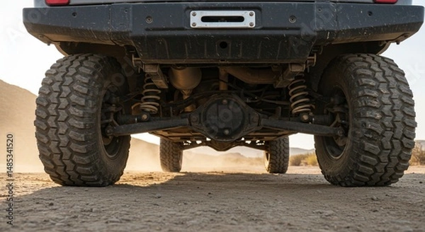 Fototapeta Rugged trucks undercarriage in dusty terrain