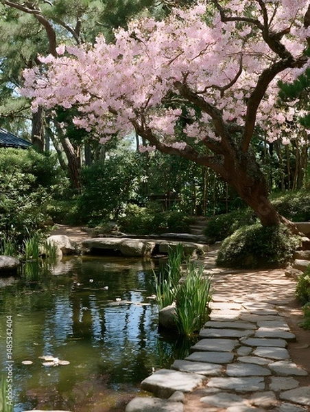 Fototapeta Serene Cherry Blossom Garden: A tranquil Japanese garden scene features a graceful cherry blossom tree in full bloom overhanging a serene pond, stone pathway and lush greenery.