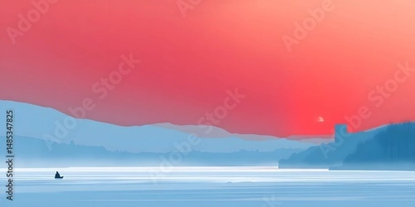 Fototapeta Serene Waterscape at Sunset: A tranquil moment captured as the sun dips below the horizon, painting the sky with hues of pink and red, mirroring the peaceful water below.