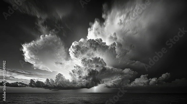 Obraz A dramatic black-and-white image of a stormy sky filled with dense, swirling clouds.