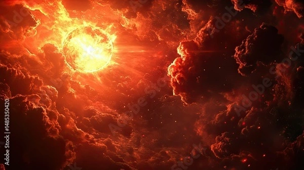 Fototapeta Dramatic sunset sky filled with billowing clouds illuminated in vibrant shades of orange,