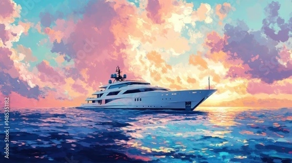 Fototapeta A luxury yacht is cruising through clear blue waters under a bright sky,