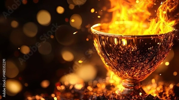 Fototapeta A golden trophy with ornate detailing sits on a black pedestal,