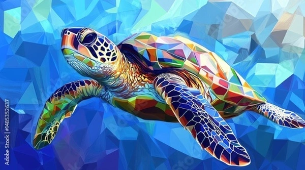 Fototapeta A vibrant, colorful digital illustration of a sea turtle swimming underwater against a geometric blue background.