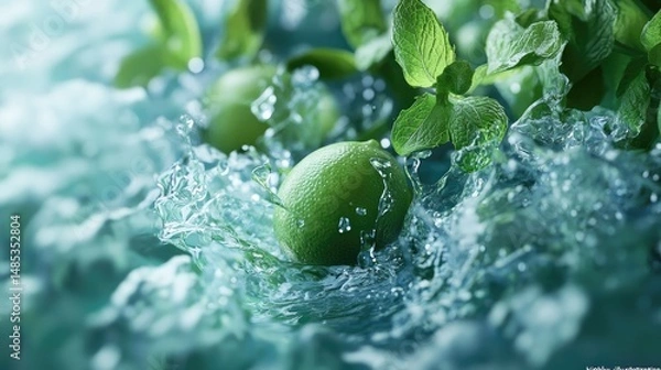 Obraz A vibrant splash of water featuring sliced limes,