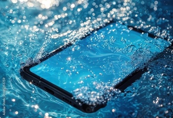 Fototapeta a smartphone submerged in clear blue water creates a captivating display of bubbles and reflections.