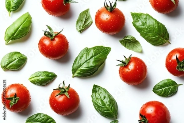 Obraz Fresh Ripe Tomatoes and Basil Leaves Pattern