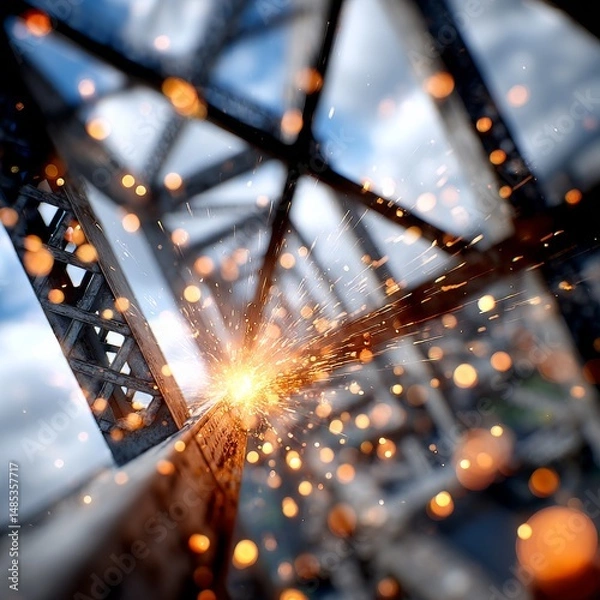 Fototapeta Welding Wonders: A Burst of Sparks Illuminating Steel Structures with a Bokeh of Warm Hues