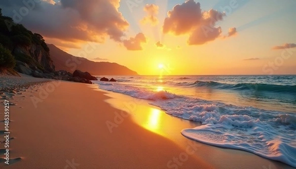 Obraz Golden sand beach at sunset, tranquil waves lapping the shore , sunset, tranquil