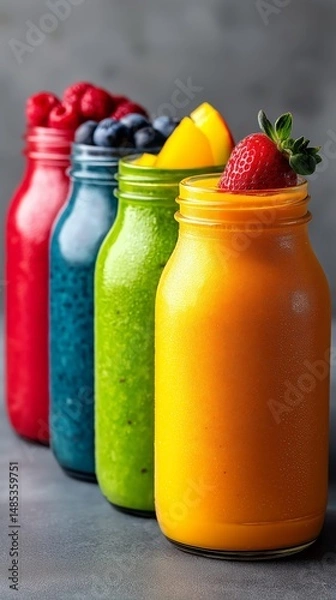 Fototapeta Vibrant Smoothie Variety: A visually stunning array of colorful smoothies, each brimming with fresh fruits, is meticulously arranged, inviting a taste of health and refreshment.