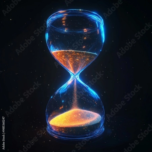 Fototapeta Hourglass with Sparkling Particles Flowing in Space against a Dark Background