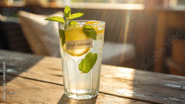 Fototapeta Refreshing glass of fresh lemonade with mint and ice on a wooden table
