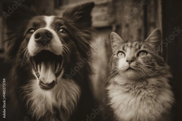 Fototapeta Warmly depicted portrait of a dog and a cat.