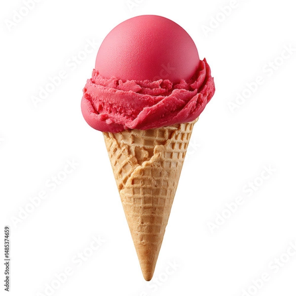 Fototapeta Enjoy a single scoop of colorful raspberry sorbet in a waffle cone at your ice cream parlor, isolated on transparent background