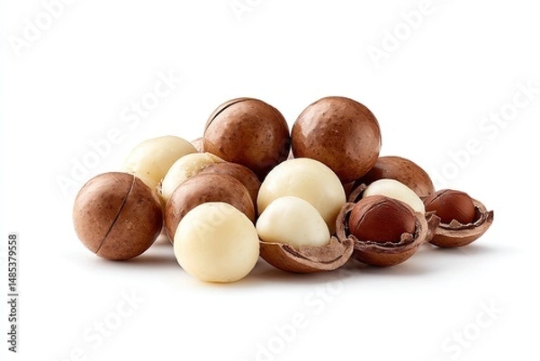 Fototapeta Macadamia nuts in a pile, some whole, some halved, showcasing both brown and white interiors