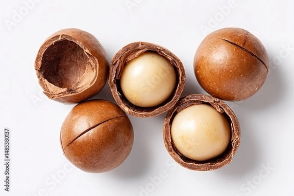Fototapeta Macadamia nuts, whole and halves,  on white background