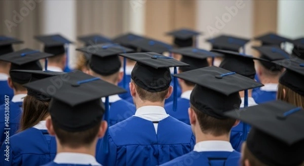 Fototapeta A group of graduates in black caps and blue gowns from behind.