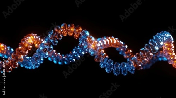 Fototapeta Detailed close-up of a stylized DNA double helix with glowing blue and orange molecular structures against a black background conveying advanced science and technology