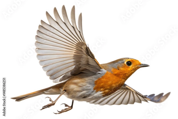 Fototapeta European robin in flight with open wings isolated on a solid black background