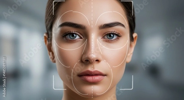 Fototapeta Womans face with facial recognition lines