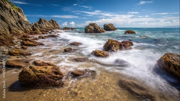 Fototapeta Rocky shoreline with waves crashing on the beach.