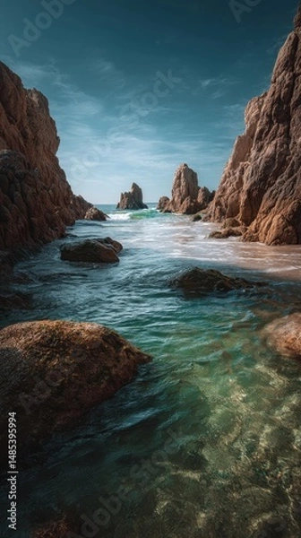 Fototapeta Dramatic coastal scene with rocky inlets and clear water.