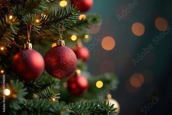 Obraz Festive Christmas ornaments hanging on a decorated tree, sparkling lights and tinsel , xmas, winter background, red