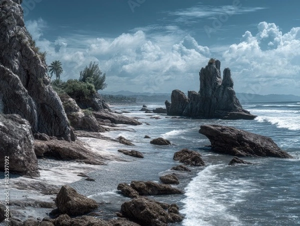 Fototapeta Dramatic coastal landscape with towering rocks and waves.