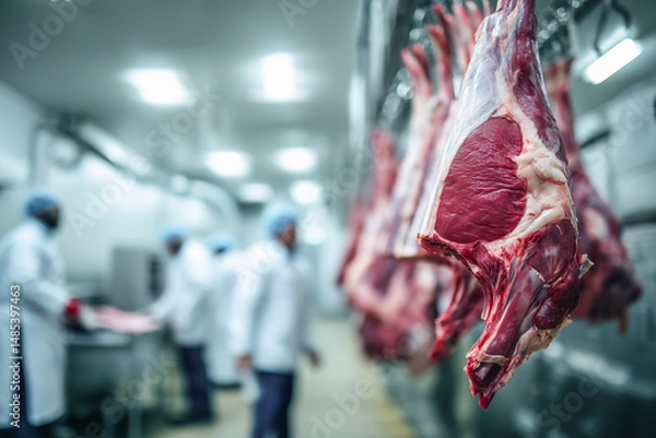 Obraz Meat hanging in the meat processing plant, raw beef hanging on a line, close-up shot of whole-body meat against a white background, a butcher working behind them, meat hanging 